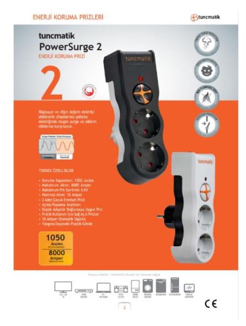 TUNÇMATİK TSK19021 Powersurge2 Enerji Koruma Prizi 2li 1050 Joule